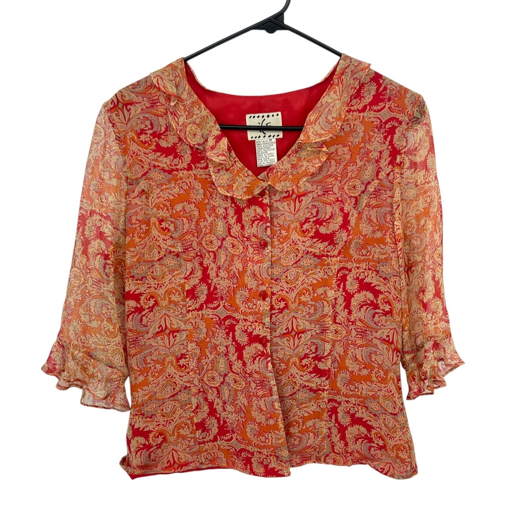Boho Paisley Silk Ruffle Blouse Medium Red Orange Cottagecore Fairycore Y2K
